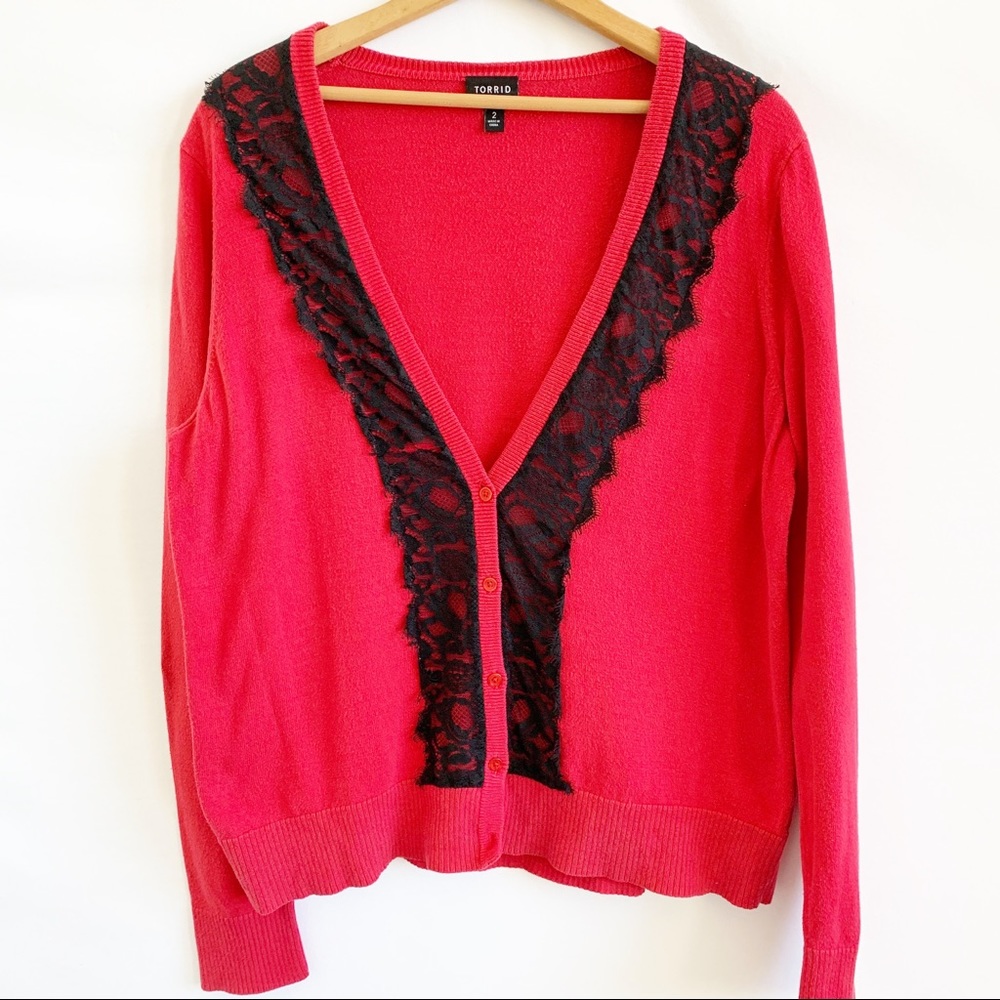 TORRID Red Cardigan Sweater Lace Trip Size 2X